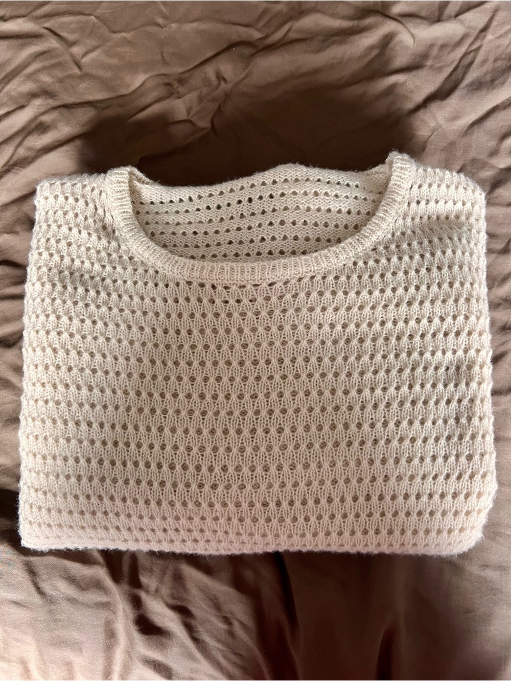 Oversized Open-Knit Crewneck Sweater in Light Beige